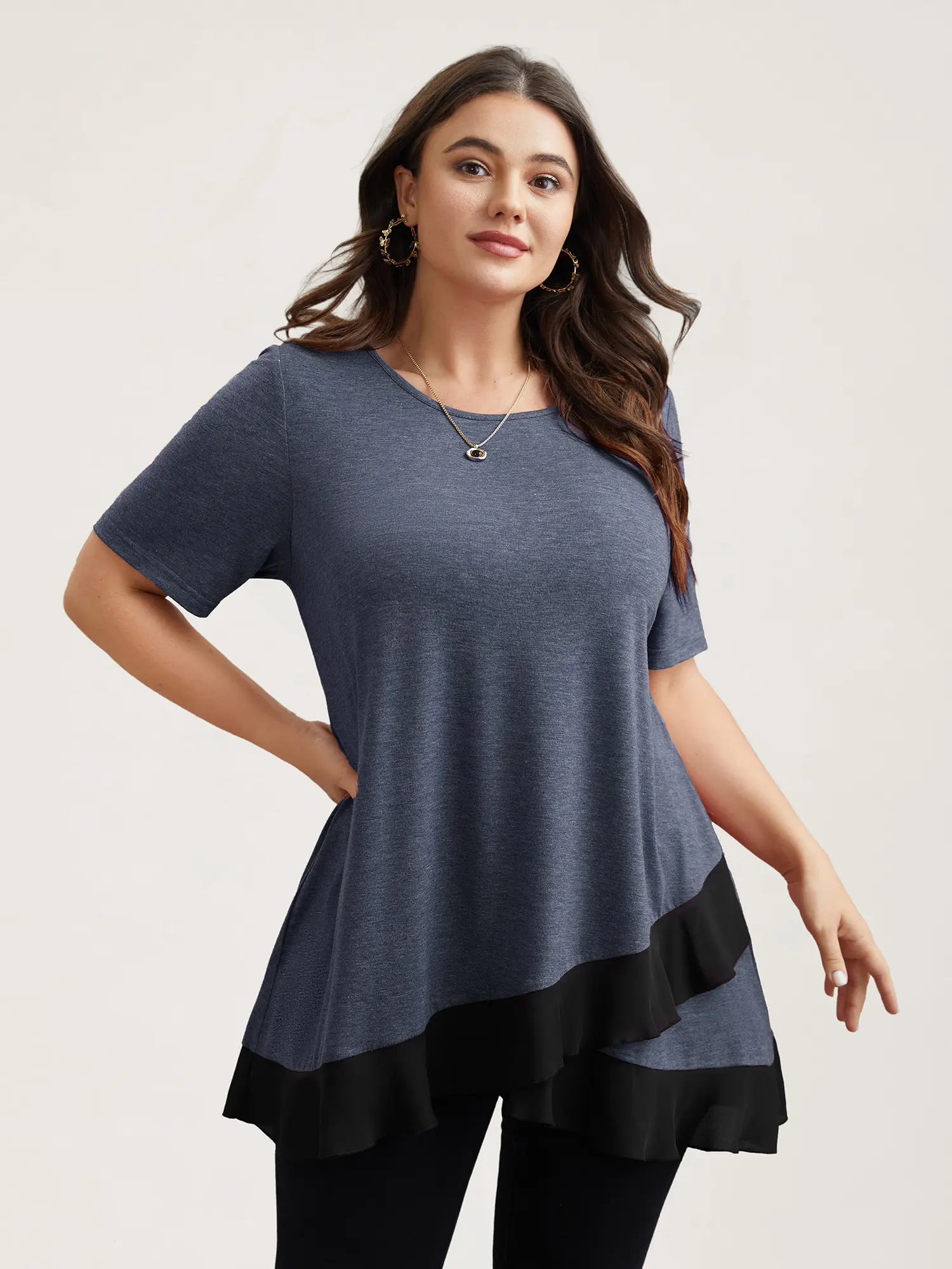BloomChic Plus Size Women's Ruffle Hem Tunic Top [M-6X] - Short Sleeve Flowy Blouse, Layered Contrast Design, Relaxed Flattering Fit, Casual Workwear & Everyday Summer Outfit,Summerfinds
