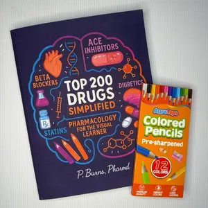 Top 200 Drugs Simplified Coloring Bundle (Book + 12 Colored Pencils) - Pharmacology Coloring Book & Study Guide