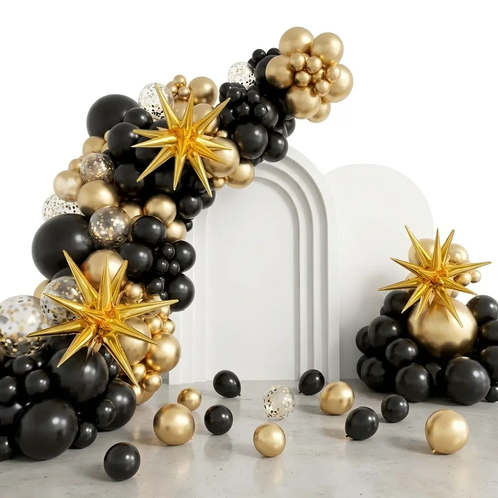 Black Gold Star Balloon Garland Kit - 132Pcs DIY Arch Stand, Festive & Birthday Theme Balloons with Starburst Foil for Party, Wedding Decor, Arch Stand Balloons