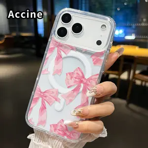 Transparent Magnetic Phone Case for iPhone 17 16  Pro Max Plus 15 14 13 12 11 Air E Romantic Bows Pattern Shockproof Acrylic Four Corner Shock-absorbing Airbag Hard Cover Smartphone Protection