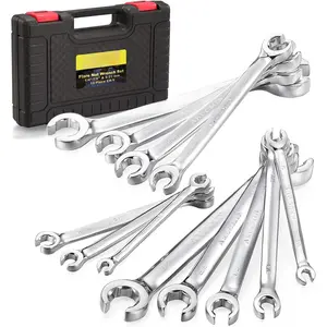 Flare Nut Wrench Set,12- Chrome Vanadium Steel Line Wrench Set SAE & Metric 1/4"-7/8" and 6-21mm with Organizer Box