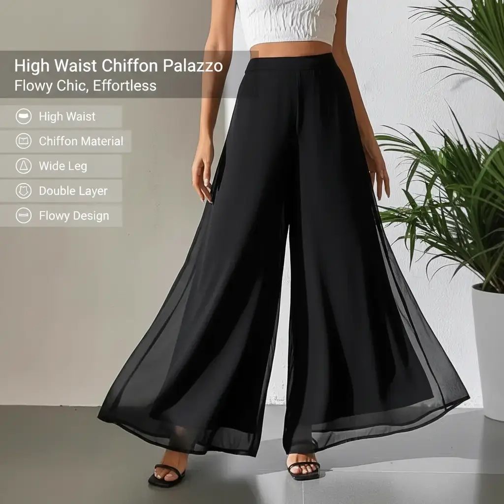 Women High Waist Chiffon Wide Leg Pants, Flowy Double Layer Sheer Palazzo Casual Trousers
