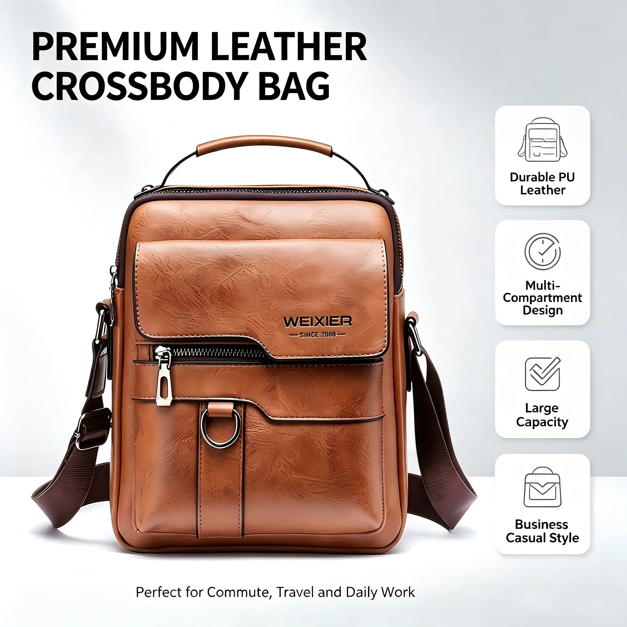 WEIXIER Men's PU Leather Crossbody Bag - Retro Street Style, Large Capacity Work Bag with Adjustable Strap, Ideal for Men's Accessories, Father's Day Gifts, Mens Gifts, Work Bags