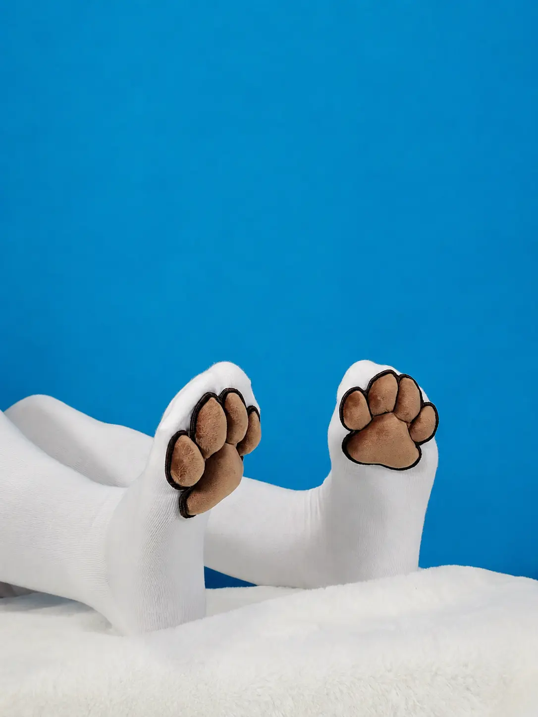Brown Mochi Stuffed Puffy Paw Pad Beans on White Thigh High Stockings