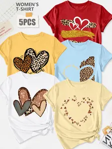Women's 5-Pack Casual Short Sleeve Crew Neck T-Shirt, Gradient Heart & Floral & Butterfly & Dragonfly Print, Multiple Colors, Machine Washable, Spring & Summer Top, Soft Skin-Friendly Fabric, Daily Wear, Fashion Design, Womenswear