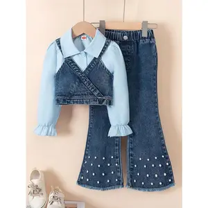 (New)3pcs Set for Girls: Solid-Color Long Sleeve Shirt, Denim Vest, Bead-Decorated Flared Bell-Bottom Jeans |     Casual Daily Wear, Non-Stretch Fabric, Regular Fit, for Outdoor(Gift)11