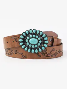 Vintage Turquoise Decor Western Belt, Cowboy Cowgirl Belt, Boho Style Flower Pattern Belt for Women, Fashion Vintage Belts, Fashion Accessories for Daily Wear, Trendy All-match & Exquisite Belt for Birthday Gift