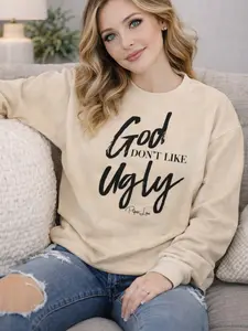 God Don't Like Ugly Graphic Crewneck Sweatshirt - 50% Cotton 50% Polyester Pre-Shrunk Classic Fit Air-Jet Spun Yarn Soft Feel