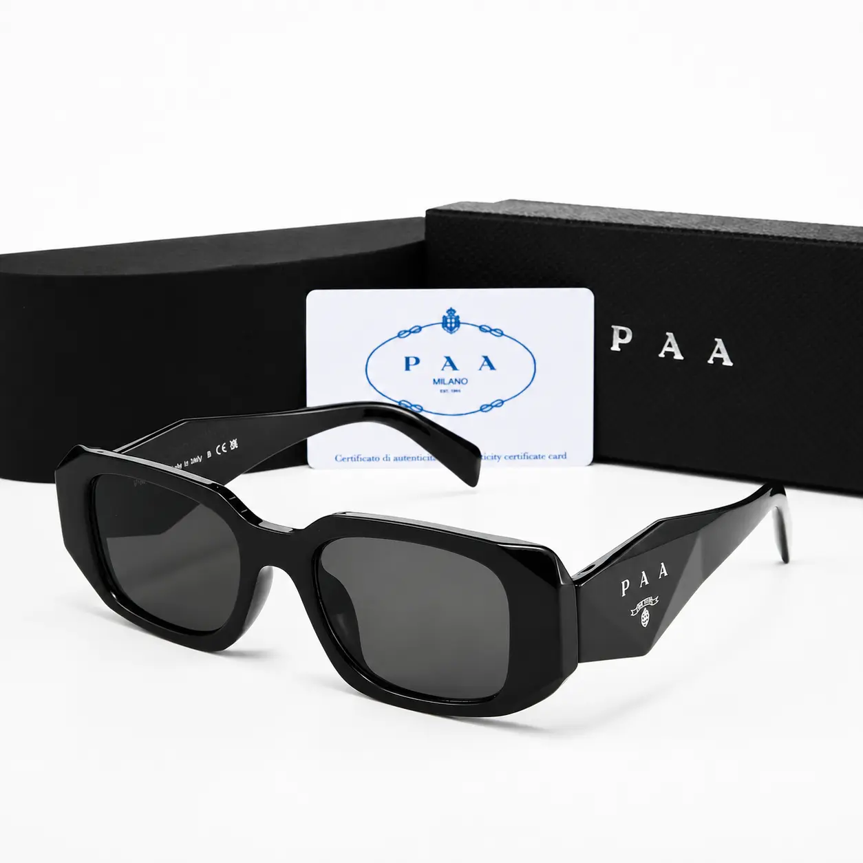 PAA Milano Black Geometric Sunglasses for Women & Men, Bold Angular Rectangle Frame with Dark Lenses, Retro Unisex Streetwear Shades with Full Gift Box & Certificate Card