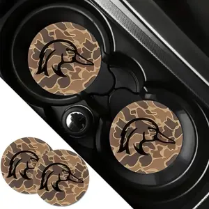 Set of 2 Brown Camouflage Wooden Duck Automotive Car Coasters - Interior, Made of Polyester Fiber, Non-Slip Coasters for Car and Home Decor, Ideal Gift