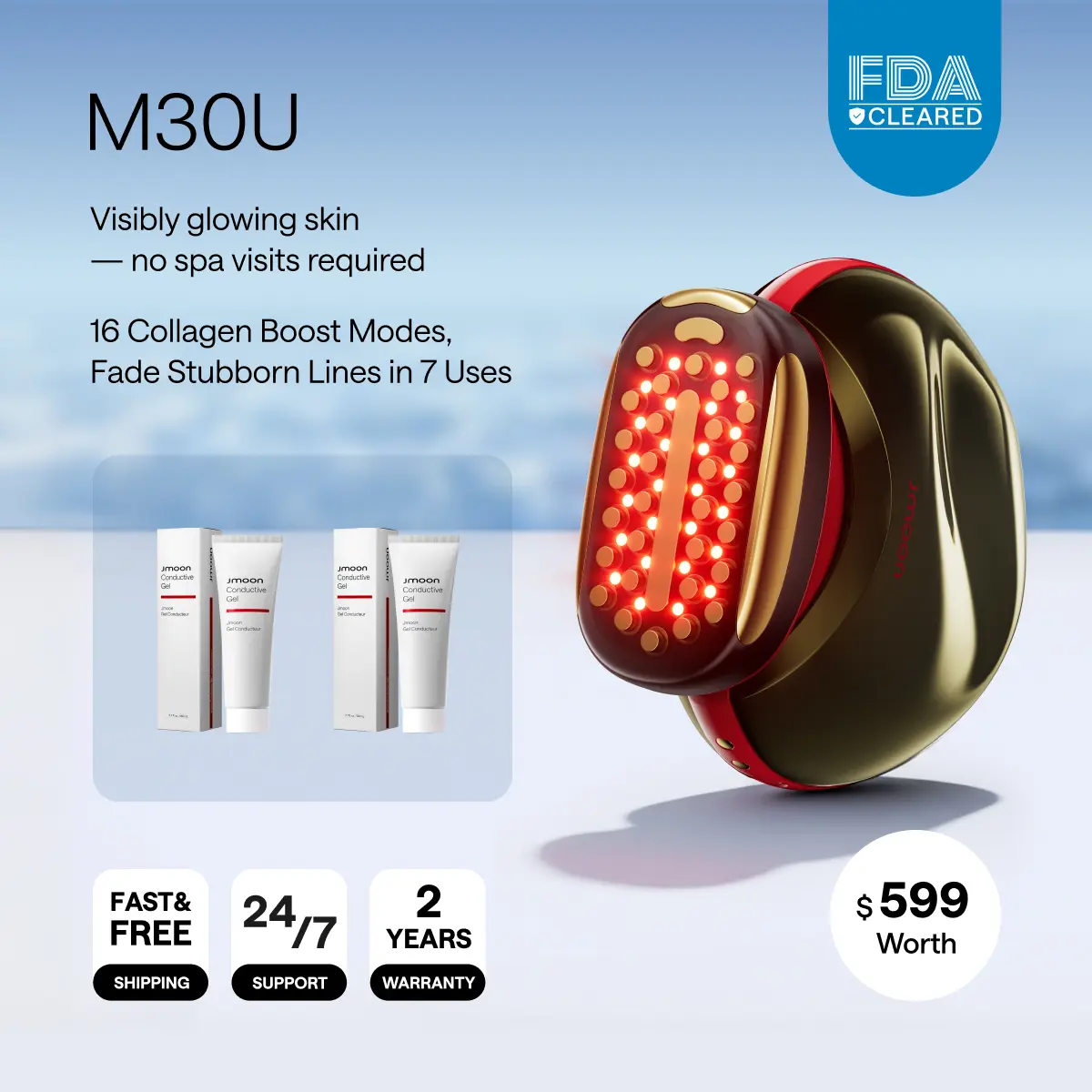 JMOON M30U FDA-Cleared Microcurrent Facial Device - Red LED Light 3-in-1 Therapy Tool with Multi-Wavelength Infrared, 4 Modes, 5 Energy Levels, Slimming, Massage, Anti-Aging, Smile Line Stamp (Red, Daily Use, 2.82 oz, Compact, Conductive Gel Included)
