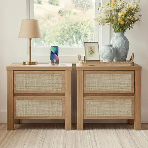 Yechen Nightstands Set of 2, Rattan Night Stand with Charging Station, Wooden Bedside Tables, Boho Rattan End Tables, Bed Side Tables, for Bedroom Living Room, (2 Drawers, 3 Drawers)(Natural Walnut, Walnut)