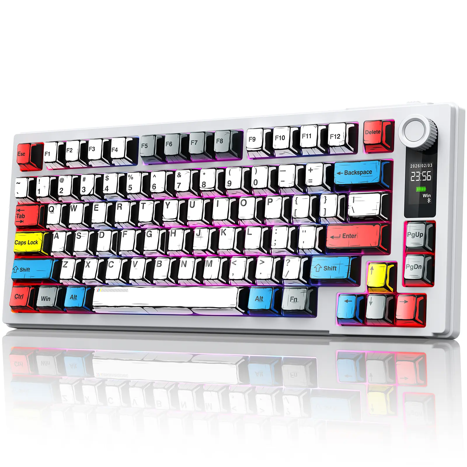 MOKURU Wireless Mechanical Keyboard, Three Mode BT/ 2.4GHz/ USB-C, RGB Switching, 75% Key Layout, Volume Adjustment knob, Hot Swappable Shaft Seat, Compatible with Windows, Mac Side Engraved Keycap