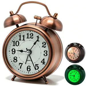 3" Classic Twin Bell Alarm Clock, Metal Frame Burnished Copper Color, Night Light, Clock Dial With Glow In Dark, Silent Non Ticking Alarm Clock