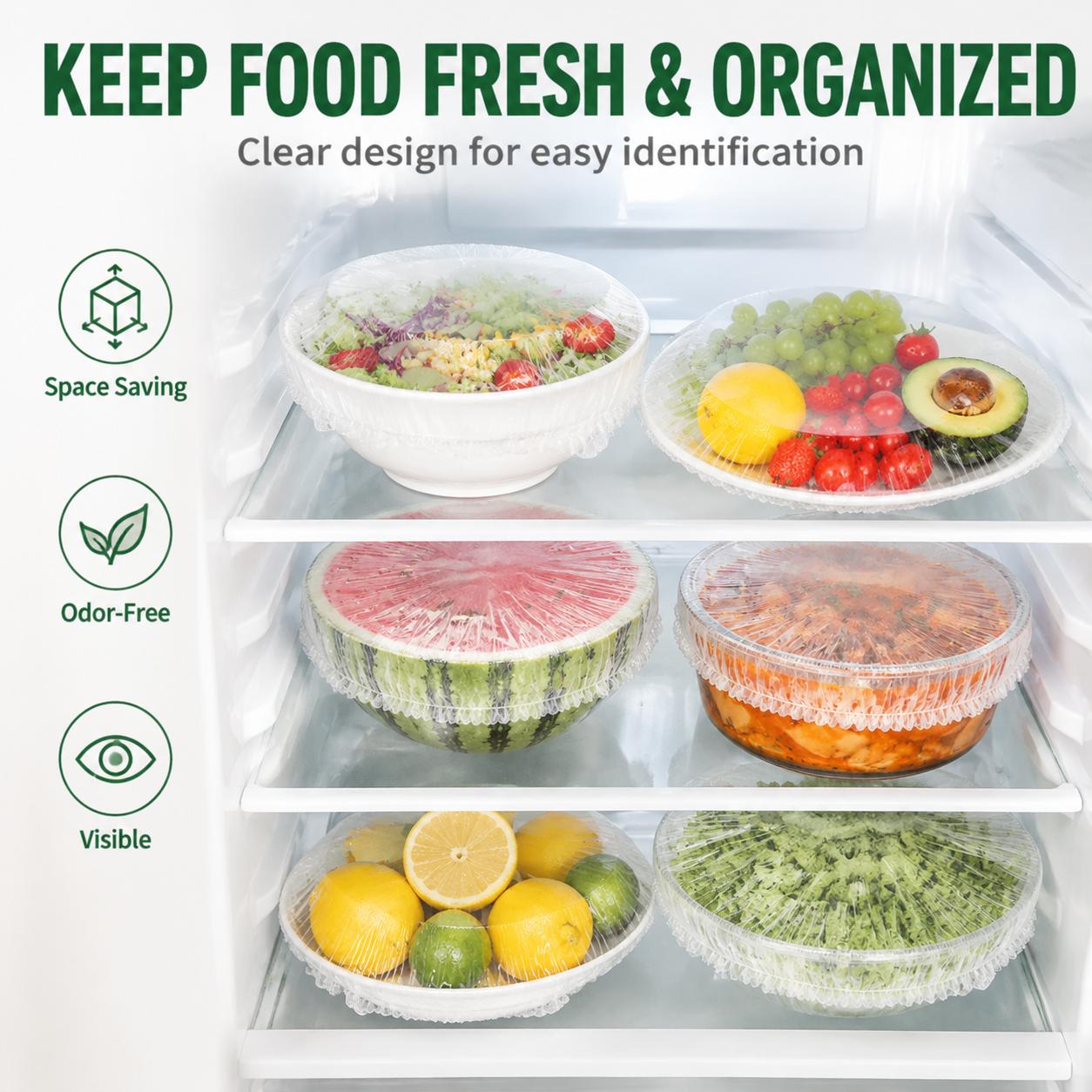 100 PCS Elastic Disposable Food Covers Set - Food-Grade PE Stretch Lids Utensils for Bowls, Plates, Leftovers, Fruit Preservation - Reusable Plastic Wrap Alternative for Kitchen Refrigerator Containers, Daily Use