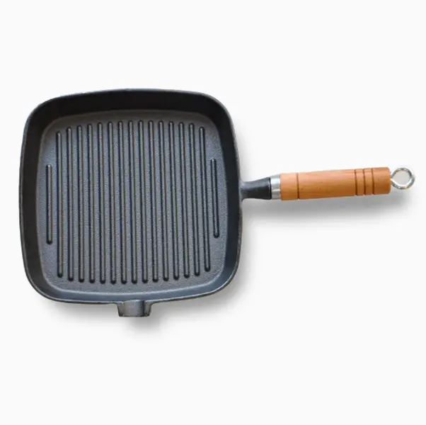 Stackable black square grill skillet with wooden handles, versatile cookware suitable for indoor kitchen cooking and simple outdoor camping barbecue meals.