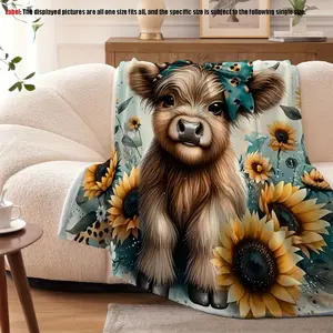 Super Soft Highland Cow and Sunflower Blanket - Cozy Sofa Cover, Pet Blanket, Decorative Tapestry, Camping Blanket - Perfect Gift for Family, Friends, and Loved Ones on Christmas, Halloween, New Year - Reversible, All-Season Flannel, 200-250g/m², Digital