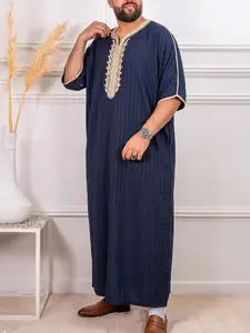 Muslim Men's Moroccan Style Embroidered Striped Thobe, Modesty Thobe, Traditional Loose-Fitting Long Gown for All Seasons, Holiday Party Prayer Clothing