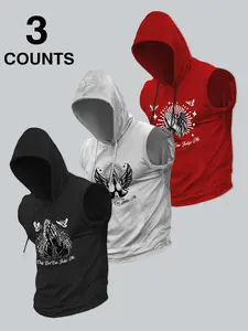 Men's 3-Pack Vintage Religious Graphic Sleeveless Hoodie, Tops, Retro Faith Streetwear Fashion, Soft Comfortable Material, Relaxed Fit Silhouette, Suited for Weekend Hangouts, Church Outings, Great for Christian Fashion Enthusiasts
