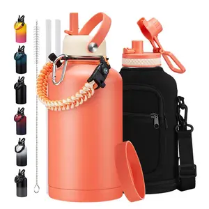 40 OZ Stainless Steel Sports Water Bottle - 32/40/64 Oz Insulated Water Jug with Straw & Auto Spout Lid, Paracord Handle, Bottle Sleeve, Cold 48H Hot 24H, Sweat-Proof Tactical Flask for Hiking,Coral Orange Purple Insulated Stainless