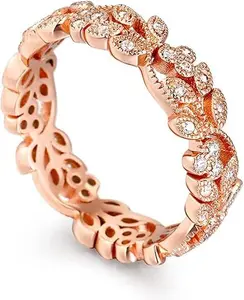 Jeulia Diamond Floral Ring Wedding Band: Sterling Silver Two Tone Leaf Carved Vintage Unique Hollow Flower Rose Gold Jewelry Engagement Bridal Sets Stackable Promise with Gift Box s925 sterling silver