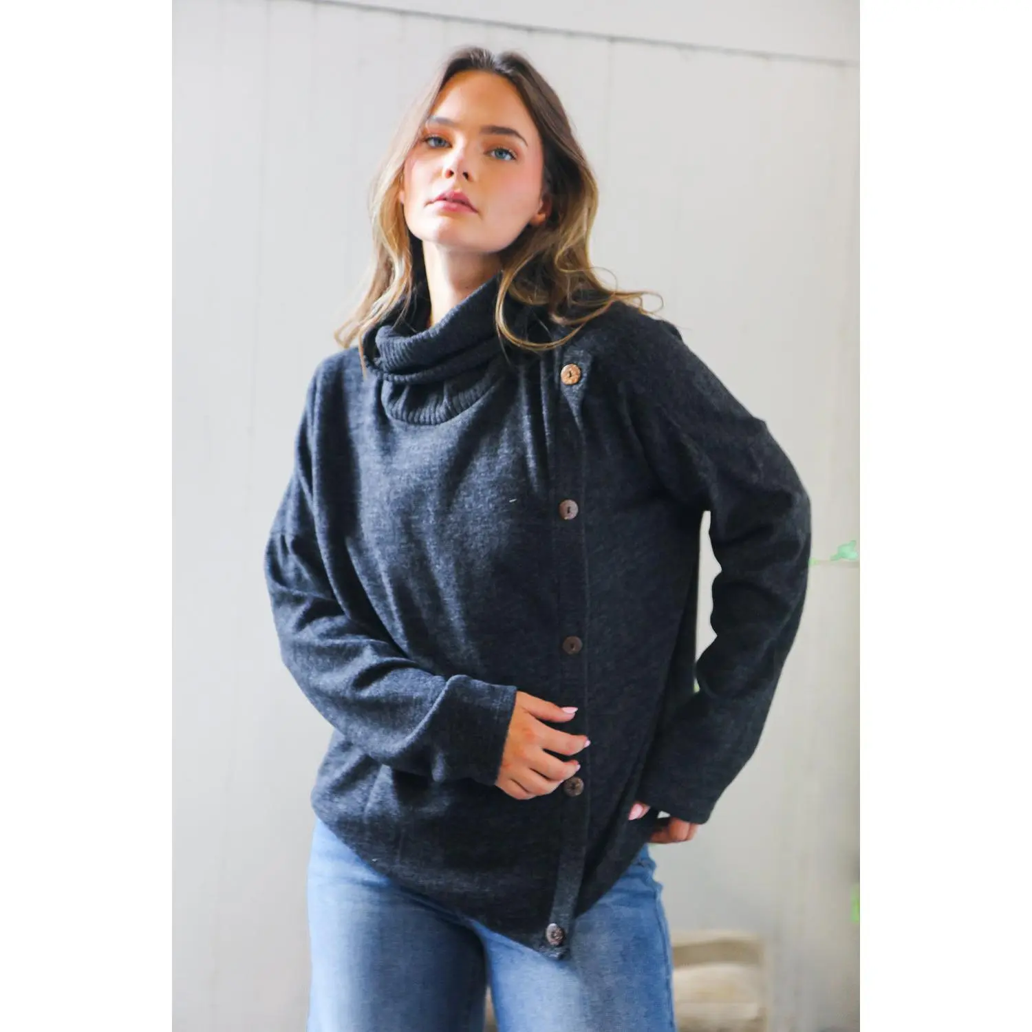 Buttoned Bliss Black Cozy Sweater