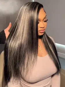 Black White Highlight Wigs 13x4 Lace Front Wigs Blended Highlights Synthetic Wig Pre-Plucked Hairline Valentine Look Valentine's Day Date Night Wigs for Women Daily Wear Work School Everyday Protective Style Valentine's Day Present Gift 28 Inch