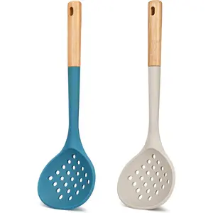 Large Slotted Kitchen Ladle Strainer 13.2inch High Heat Resistant BPA Free Non Stick Cooking Skimmer For Draining & Frying (Khaki & Blue)
