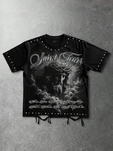 Men's Loose Fit Pure Cotton Ripped Short Sleeve T-Shirt, Saint Tears Letter Print Aesthetic Shirt for Christian Jesus, Unisex Streetwear Casual Trendy Geometric Men's Short Sleeve American Vintage Saint T-Shirt, Menswear