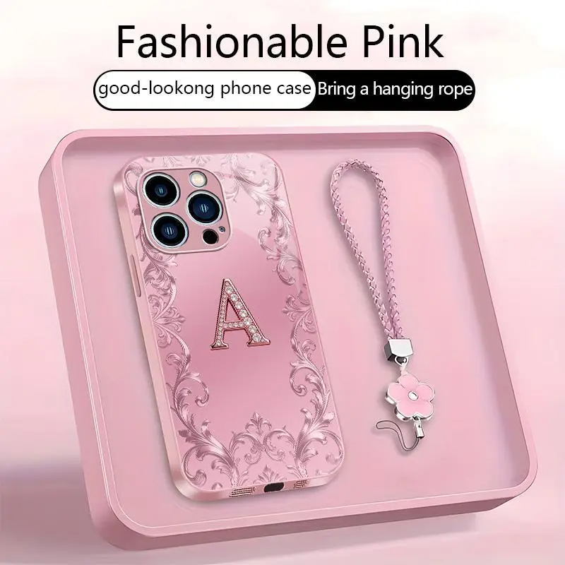 Suitable for [iPhone 13 Pro] high-end women's phone case🥰，free four-leaf clover lanyard included—choose any one of the 26 letters. Drop-resistant and fingerprint-proof. YM99