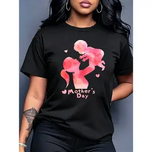 100% cotton, women's Mother's Day short-sleeve top with watercolor mother-child silhouette and "Mother's Day" print, round neck, comfortable, soft, breathable, suitable for spring, summer, and autumn. Versatile women's top