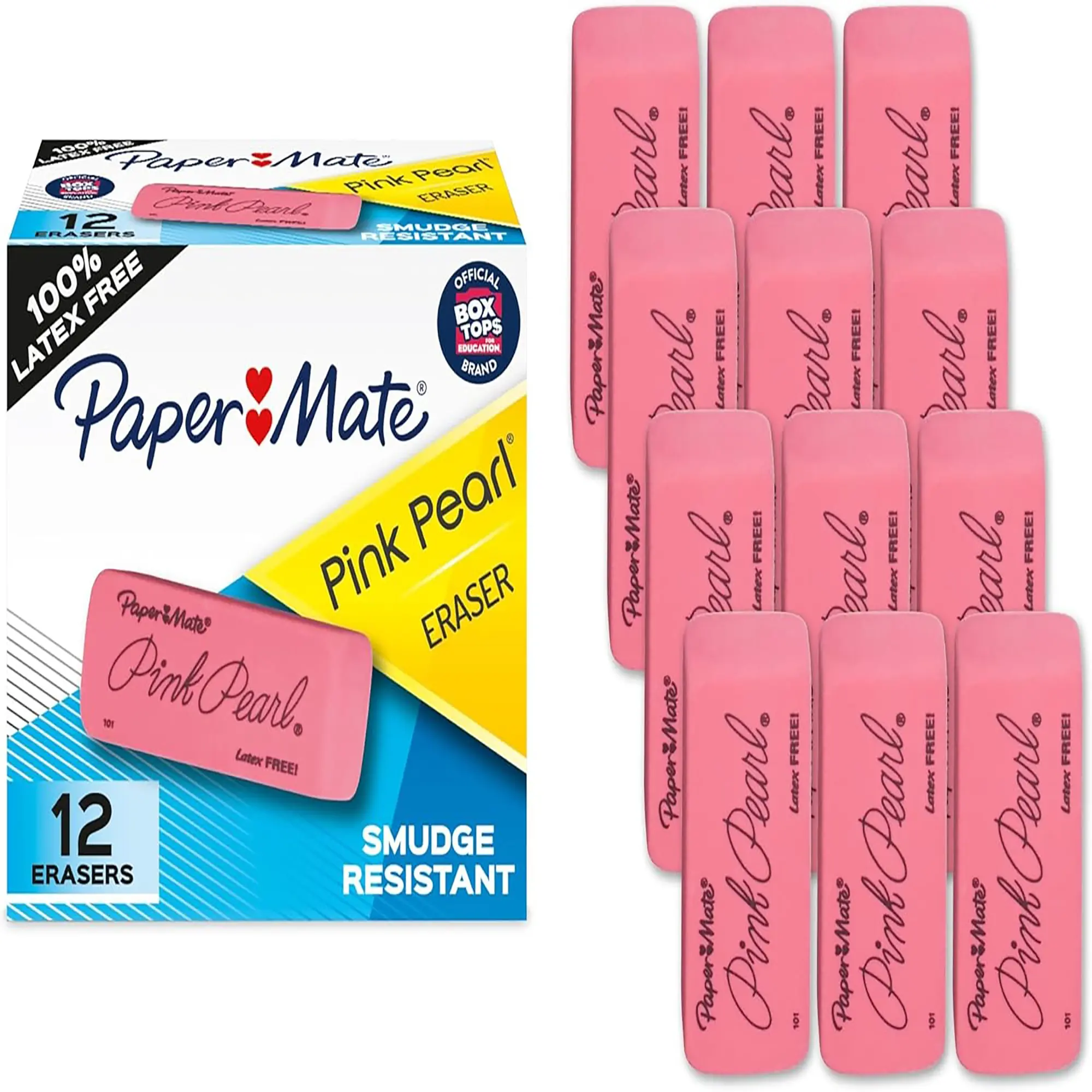 Paper Mate Pink Pearl Erasers (12 Count) - Large Beveled Latex-Free Rubber Eraser Pack for Back to School, Students & Teacher Supplies