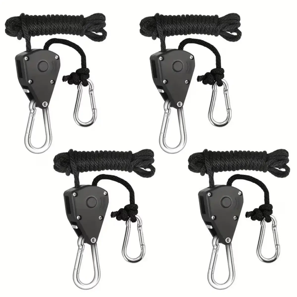 4-Pack 1/8in Retractable Ratchet Straps, Heavy Duty Braided Polypropylene (Resists Wear), Rustproof Metal Gear & Pulley System, Carabiner Hooks, 4-Pack for Setups, Grow Light Hang, Carbon Filter Hang
