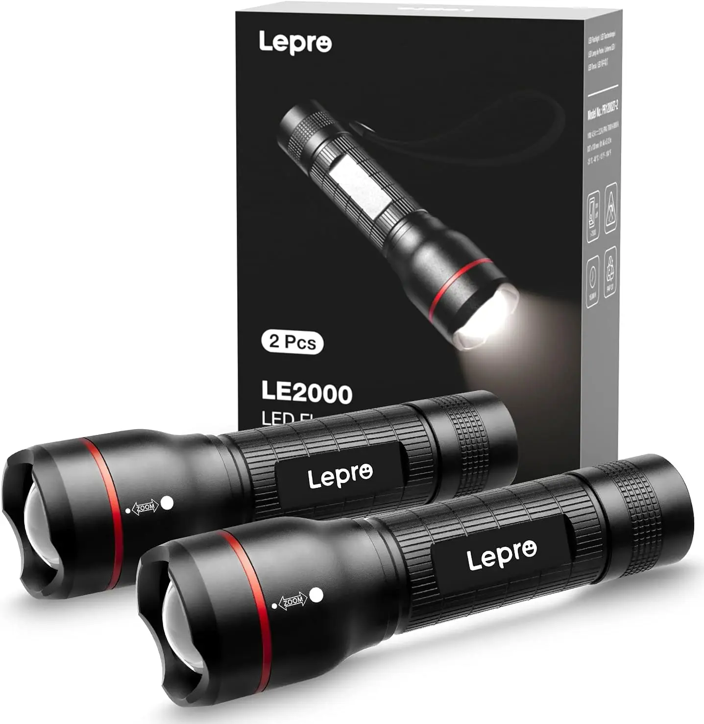 LEPRO Super Bright Handheld Flashlight (LE2000 High Lumen), 5 Lighting Modes, Zoomable Focus, Waterproof Pocket-Size AAA Battery-Powered Flashlights, 2-Pack for Outdoor, Emergency Use, Super Bright Flashlight, Handheld Flash Light