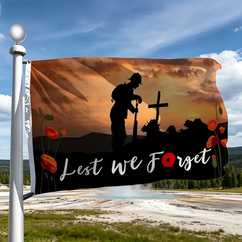 3x5 ft "Never Forget History" Memorial Flag - Lightweight Polyester Banner with Sunset Soldier Silhouette, Red Floral Cross, Durable, Fading-Resistant for Memorial Day, Veterans Honor Decoration