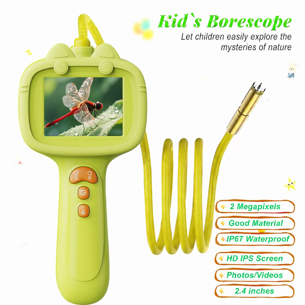 Kids Flexible Endoscope Camera with LED Lights - Waterproof Borescope STEM Science Educational Toy, Photo-Video Function, 3+ Age Adventure Exploration Kids Toy, Supports Up to 64GB TF Card, Plant Observation Parent-Child Activity Gift, Plants