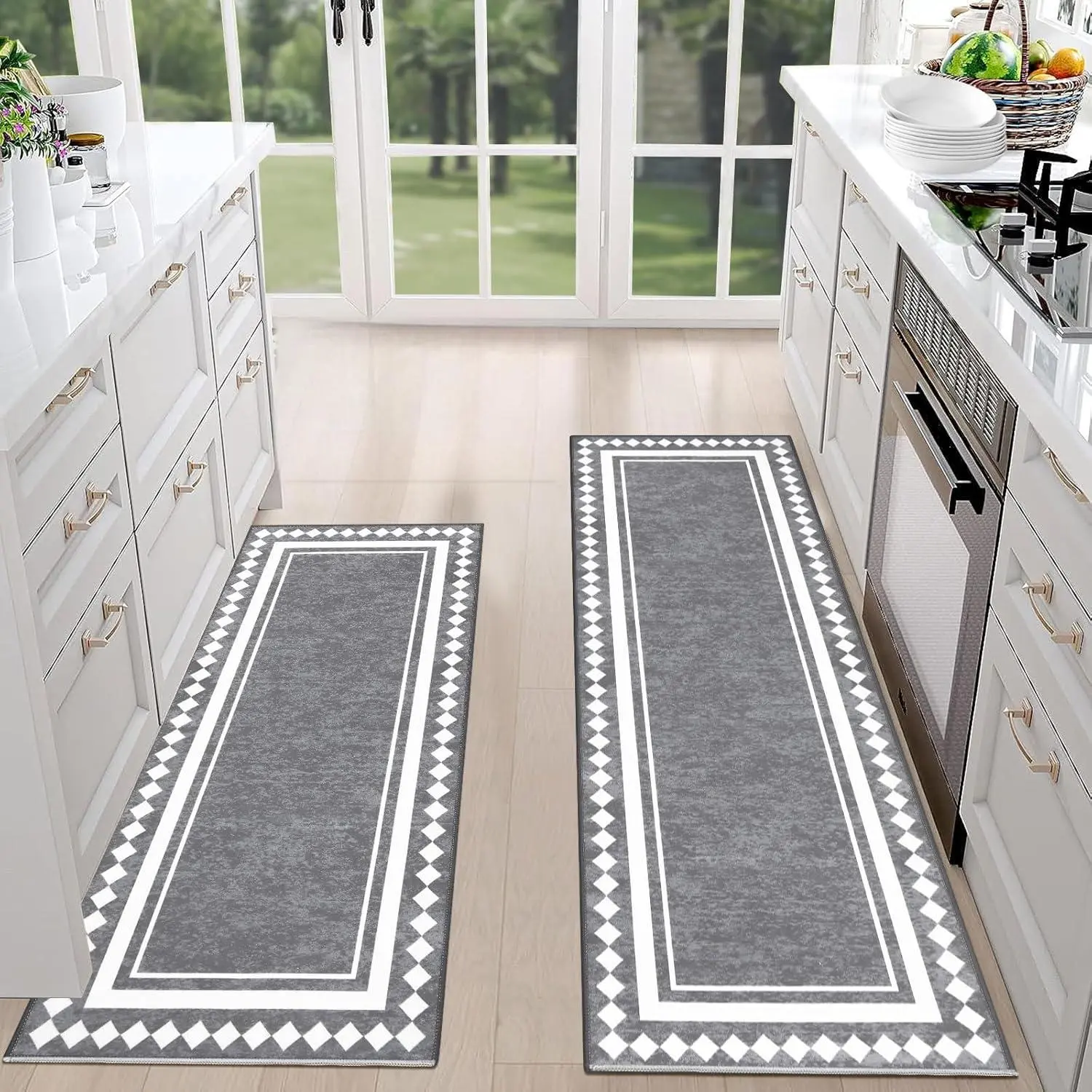 2 Piece Farmhouse Boho Kitchen Rug Set, Non Slip Machine Washable Kitchen Floor Mats & Runner Carpet, Waterproof Absorbent Area Rugs for Kitchen, Laundry Room & Hallway