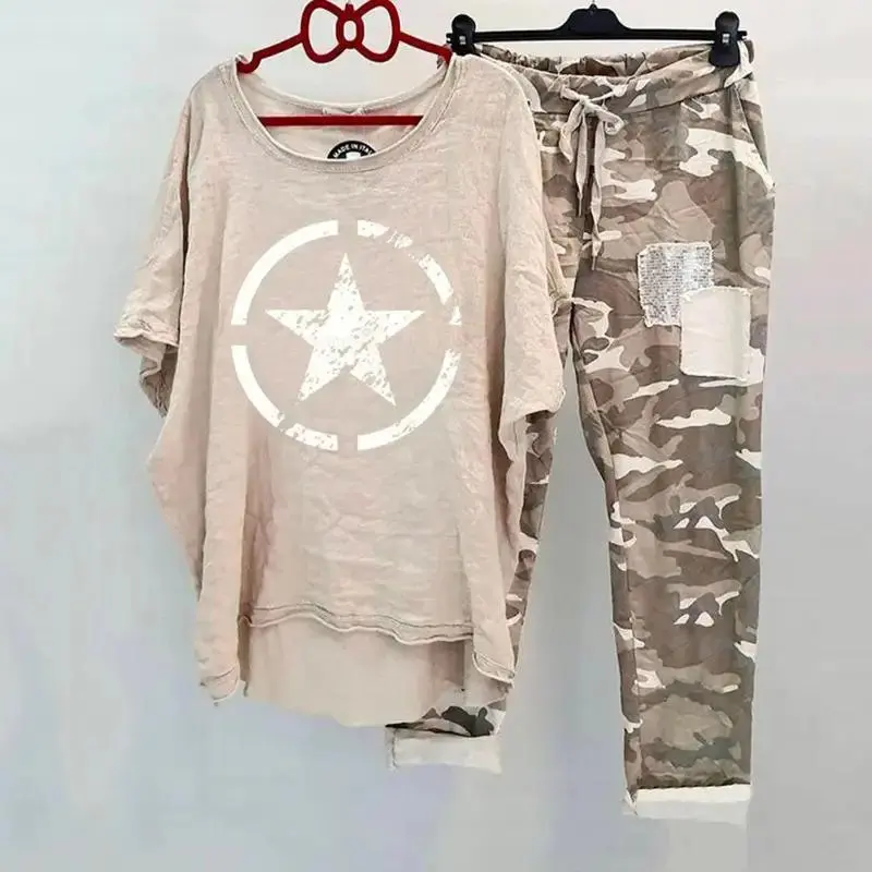 Camouflage Printed Suit Women's Cotton Blend Suit Summer Printed Casual Suit O Neck Short Sleeve T-shirt Pants Set Sportswear Clothes Geometric