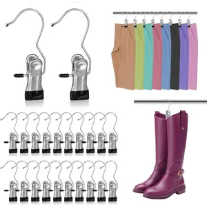 Boot Hangers , 20 Pack Laundry Hooks Hanging  Clothes Pins  Hanger Organizer Clamps Socks Towel  Heavy Duty Clothespins Bulk Hanger  for  Travel Pants Socks Handbags Stainless Steel multifunctional cloth trouser rack with clip storage cap closet saver Hat