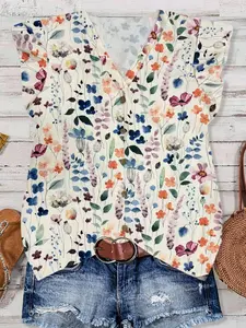 Must-Have Summer Floral Print Button-Up Shirt Flattering V-Neck Flutter Sleeve Blouse Versatile Boho Floral Pattern Bohemian Top for Daily & Vacation Wear