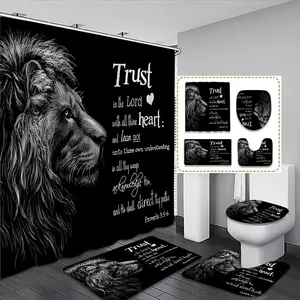 Creative Lion Silhouette Shower Curtain Set, Includes 12 Plastic Hooks, Non-Slip Mat, Toilet Lid Cover, Bathroom Shower Equipment, Home Bathroom Decor, Bathroom Decoration Accessories