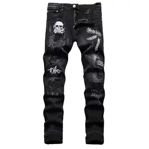 Men's Slim-Fit Straight-Leg Distressed American Snowflake Jeans Vintage Wash Blue Denim Pants with Snowflake Pattern Streetwear Style All-Season Casual Wear Durable Fabric Hand Washable Menswear Man Motocross Trouser Shoe Pockets