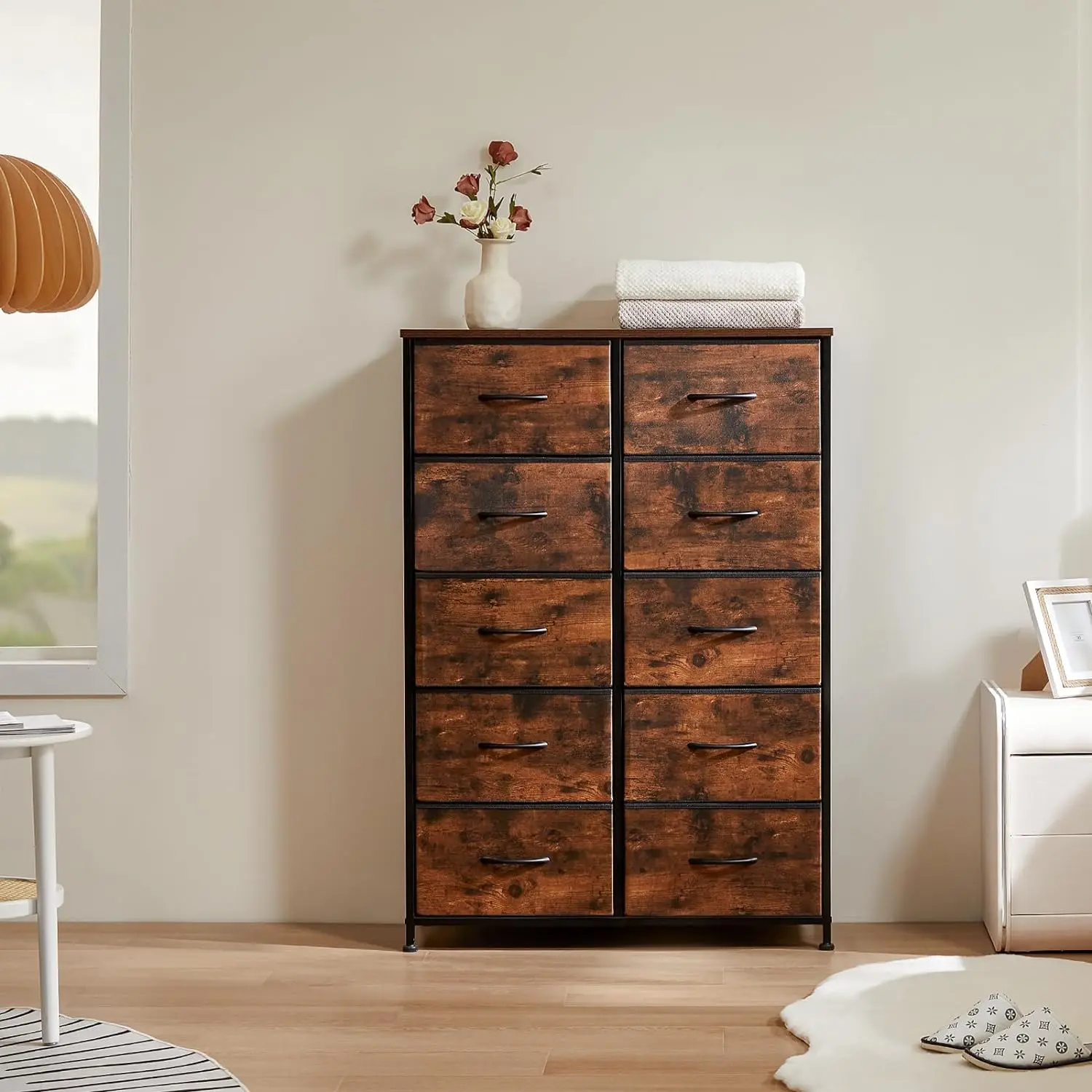 10-Drawer Modern Dresser - Sturdy Metal Steel Frame Interior Storage Furniture with Wood Top, Fabric Tower, Dresser Organization, Family Friendly Clean Look for Bedroom, Nursery (Assembly Required)