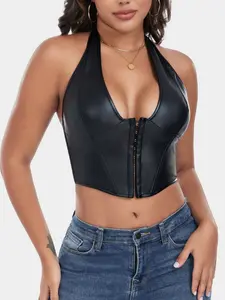 Women's Fashionable PU Leather Vest, Sexy Fishbone Design, Neck Hook & Button Closure, Pure Color Slimming Top