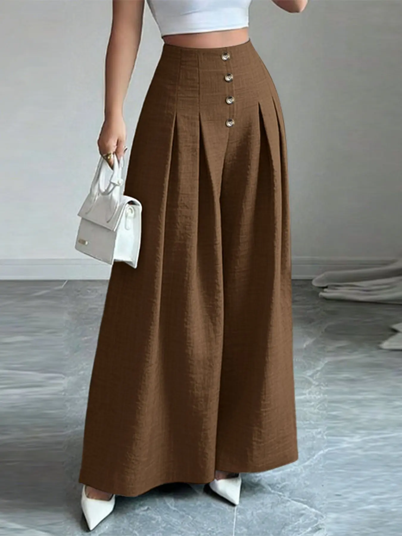 Women's High-Waisted Wide-Leg Pants, Casual Loose-Fitting Long Pants, Elastic Waist, Spring & Fall Fashion, No Pockets