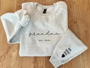 (Leave a note) Personalized Grandma Sweatshirt, Embroidered Grandma Sweatshirt with Grandkids Names on Sleeves, Mother's Day Gifts, Gifts for Grandparents