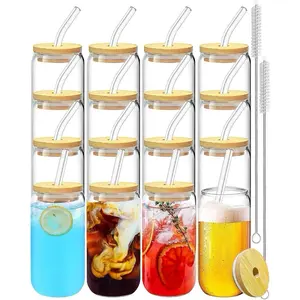 Drinking Glasses with Bamboo Lids and Glass Straw 16oz, 16oz Can Shaped Glass Cups with Lids and Straws, Beer Glasses, Iced Coffee Glasses, Soda