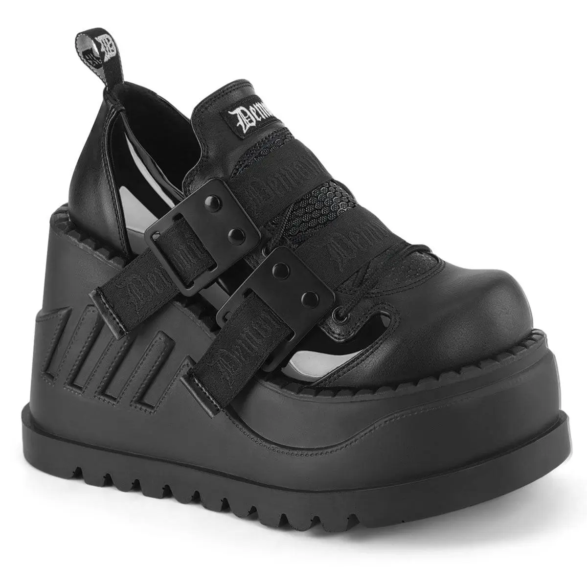 Demonia Stomp-28 Black Patent-Vegan Leather Platforms