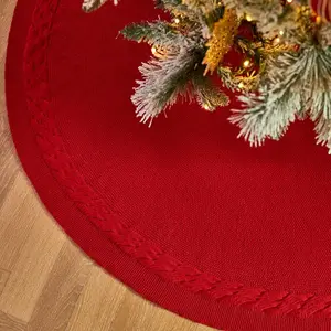 36 Inch Red Knitted Christmas Tree Skirt Small Thick Cable Knit Round Cream Tree Skirt for 4-6FT Tree Rustic Neutral Farmhouse Christmas Tree Decorations Tree Base Cover
