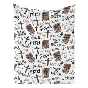 Christian Faith Cross Bible Hand Letter Repeat Flannel Blanket Soft Plush Warm Throw Blanket, White Background Jesus Hope Love Trust Religious Decor Couch Bedroom Nap Blanket, Giftable Catholic Christian Believer Comfort Blanket for All Seasons